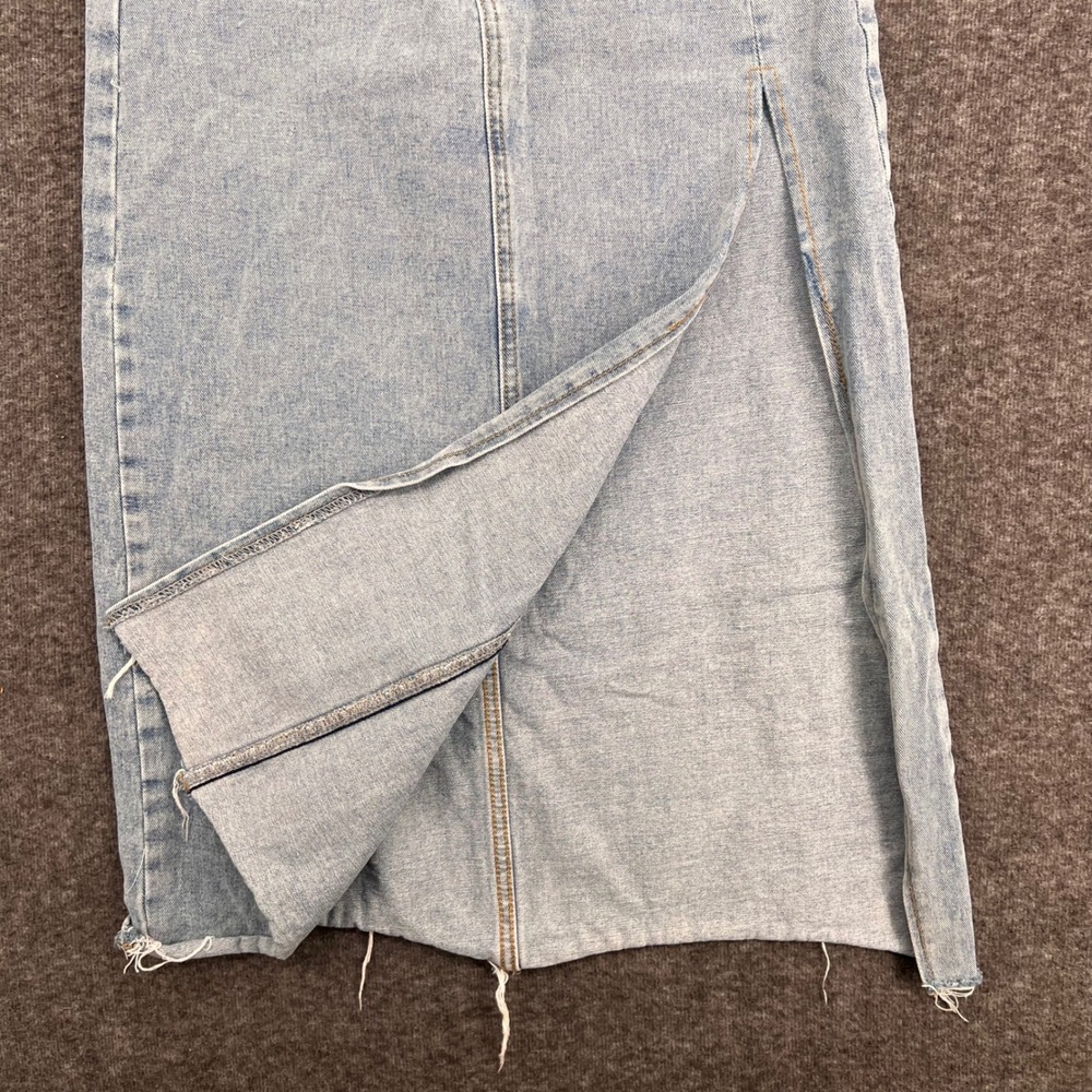 Shein Light Wash Denim Maxi Skirt High Waisted Side Slit Raw Hem Blue Size L - Picture 5 of 12